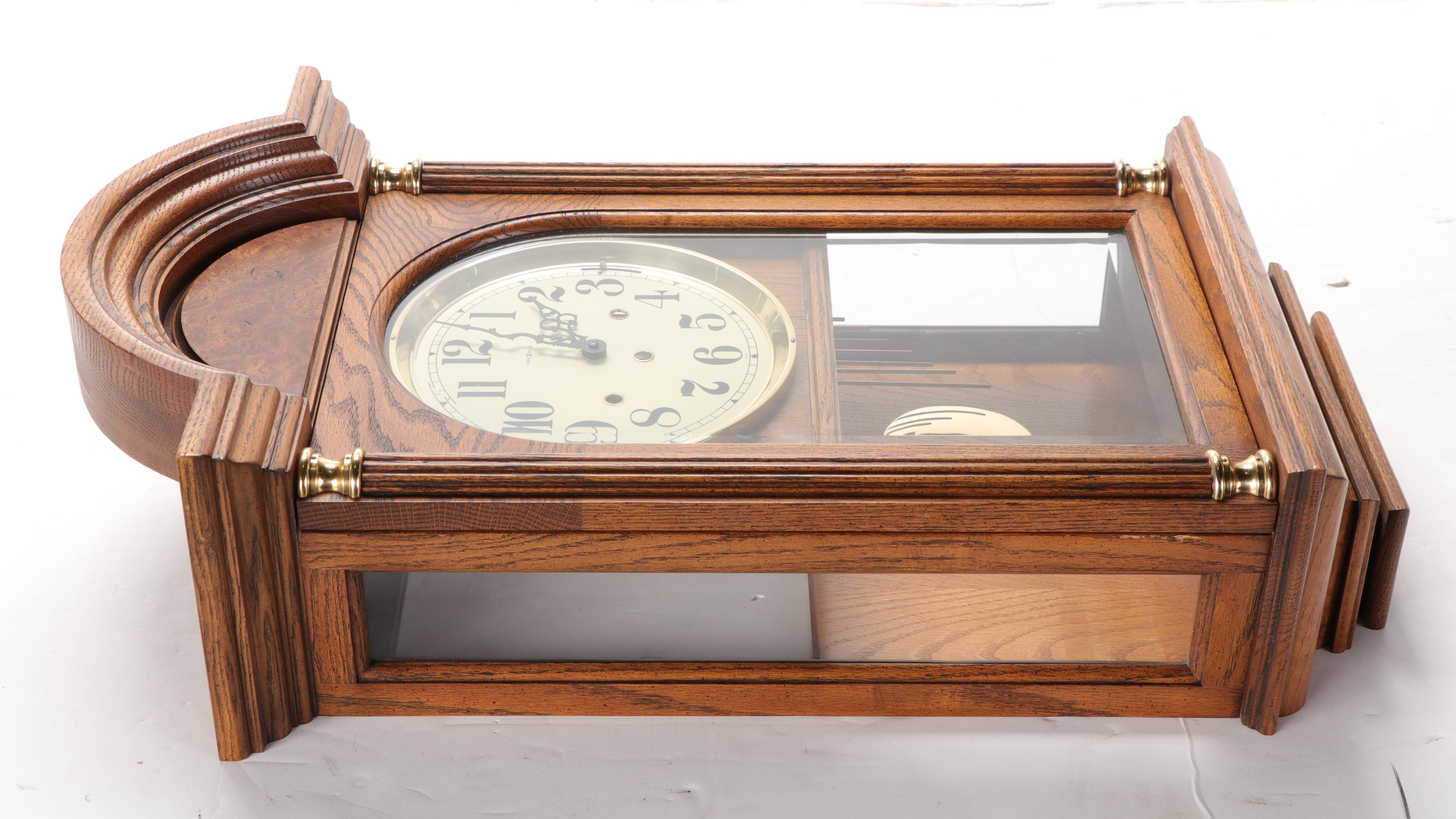Howard Miller and Franz Hermle Walnut and Burl Triple Chime Wall Clock