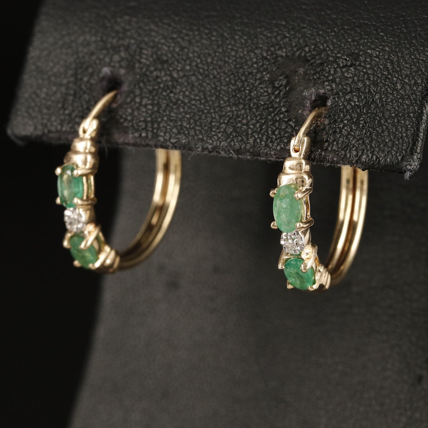 10K Emerald and Diamond Hoop Earrings