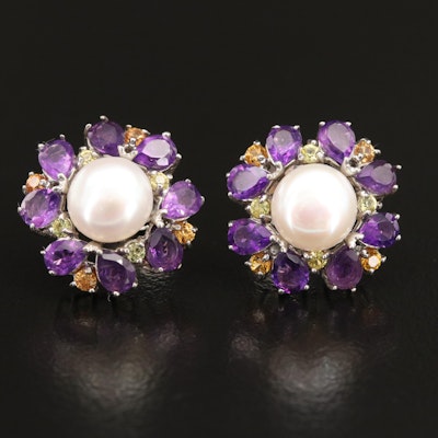 Sterling Pearl, Amethyst and Sapphire Button Earrings