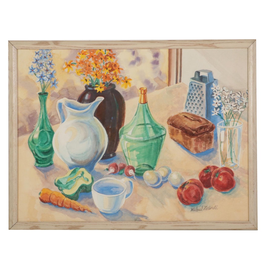 Michael Zelinski Still Life Watercolor Painting, Late 20th Century