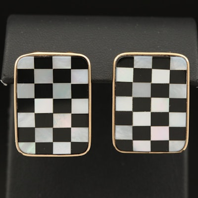 14K Mother-of-Pearl and Black Onyx Checkerboard Inlay Earrings