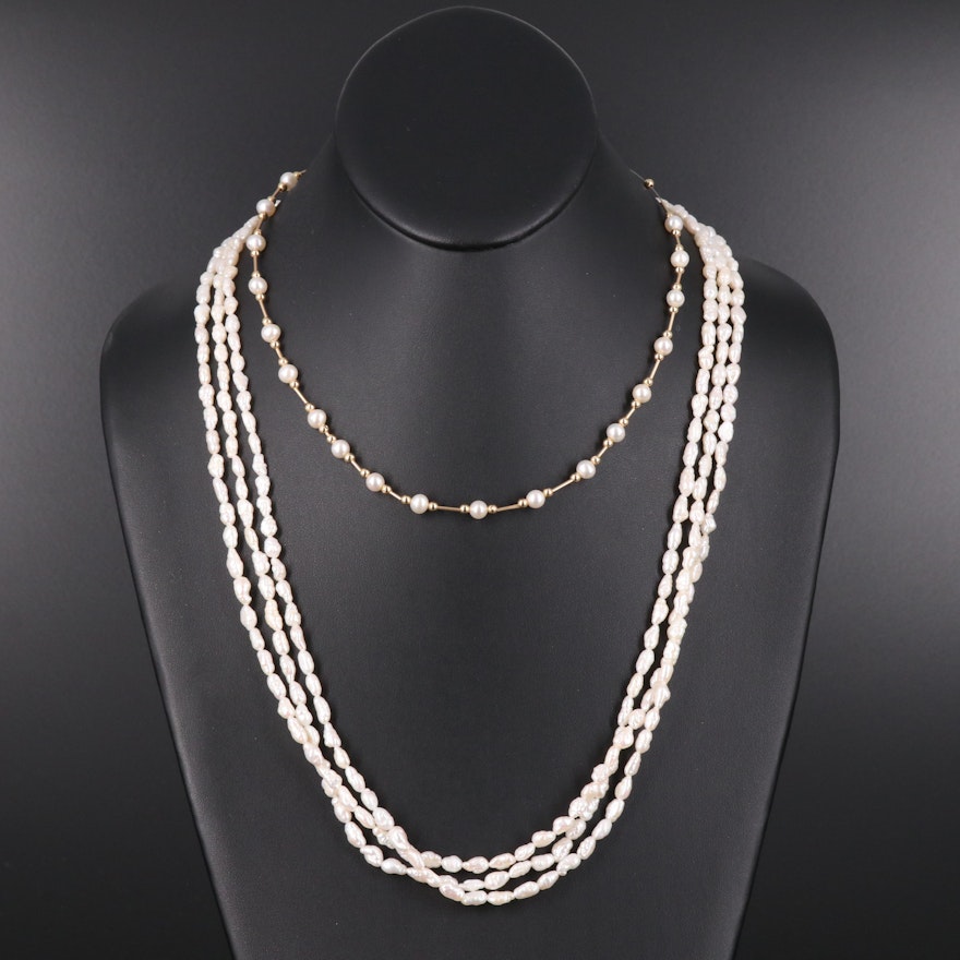 Pearl Station Necklace and Baroque Pearl Triple Strand Necklace with 14K Clasp