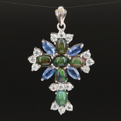 Sterling Opal, Kyanite and Aquamarine Cross Pendant