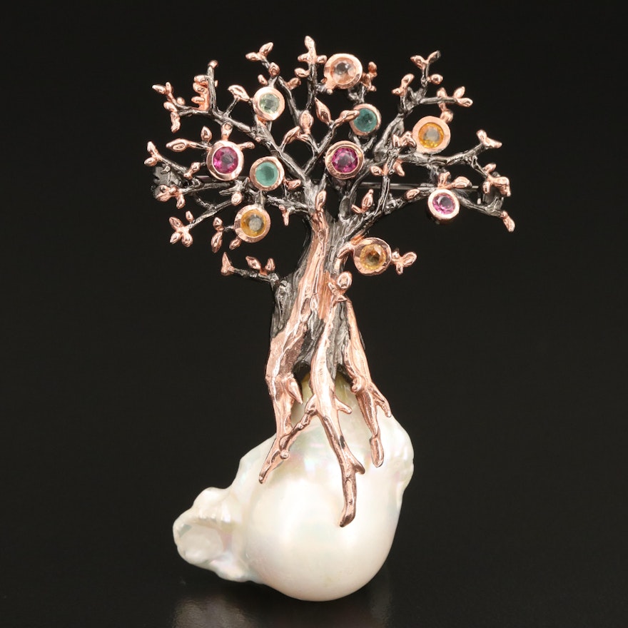 Sterling Fruit Tree Brooch with Pearl, Garnet and Emerald
