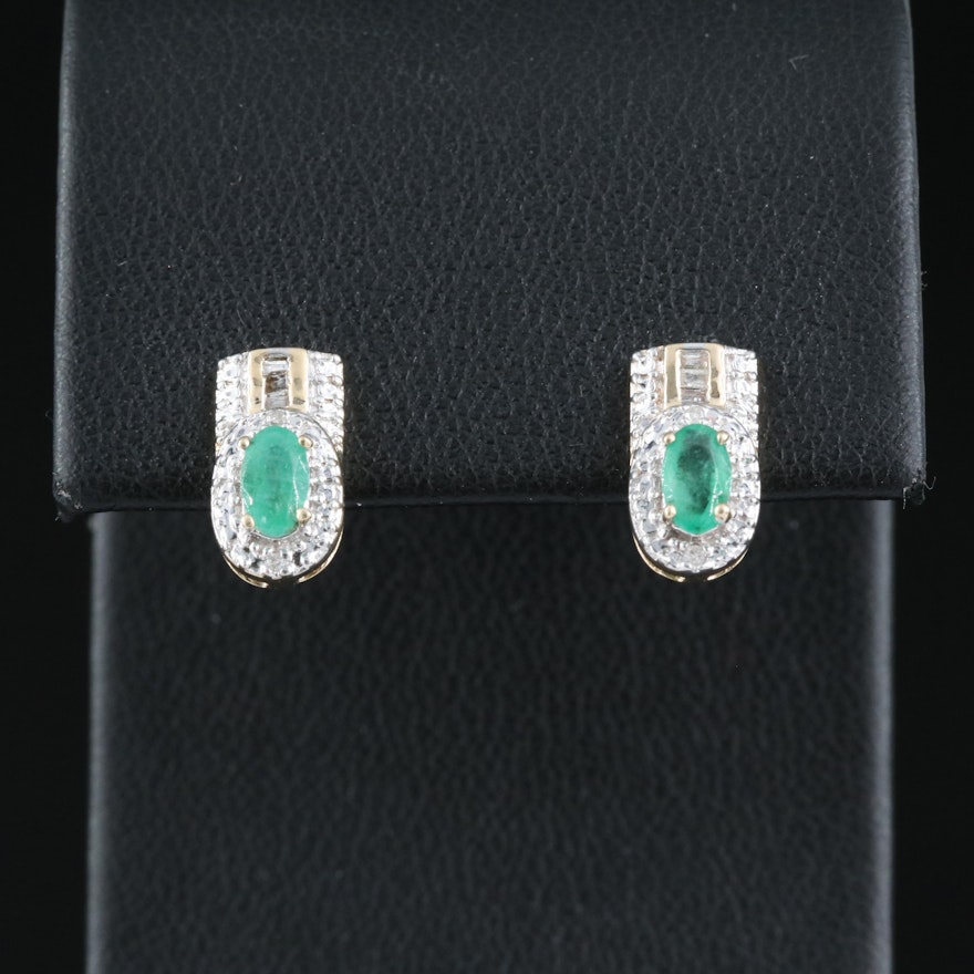 10K Emerald And Diamond Stud Earrings