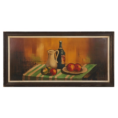 Still Life Acrylic Painting of Apples and Wine, Mid-Late 20th Century