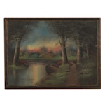 H. L. Herley Oil Painting of Bridge Over Forest Creek, Early 20th Century