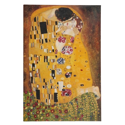 Acrylic Painting After Gustav Klimt "The Kiss," 21st Century