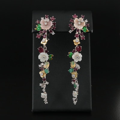 Sterling Mother-of-Pearl and Ruby Flower Vine Earrings