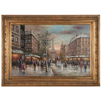 Oil Painting of Paris Street Scene at Sunset