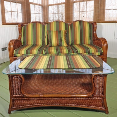 Rattan and Wicker Patio Sofa with Glass Top Table