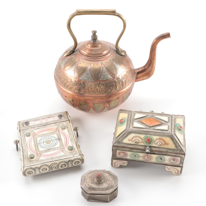 Moroccan Quran and Other Bone and Stone Inlaid Boxes with Metal Kettle and Box