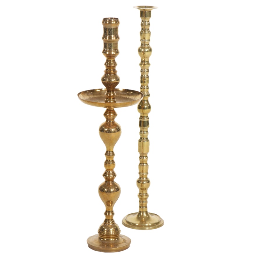 Pair of Turned and Etched Brass Floor Candlesticks