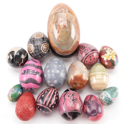 Polished Green Onyx, African Soapstone, Cloisonné, and Other Decorative Eggs
