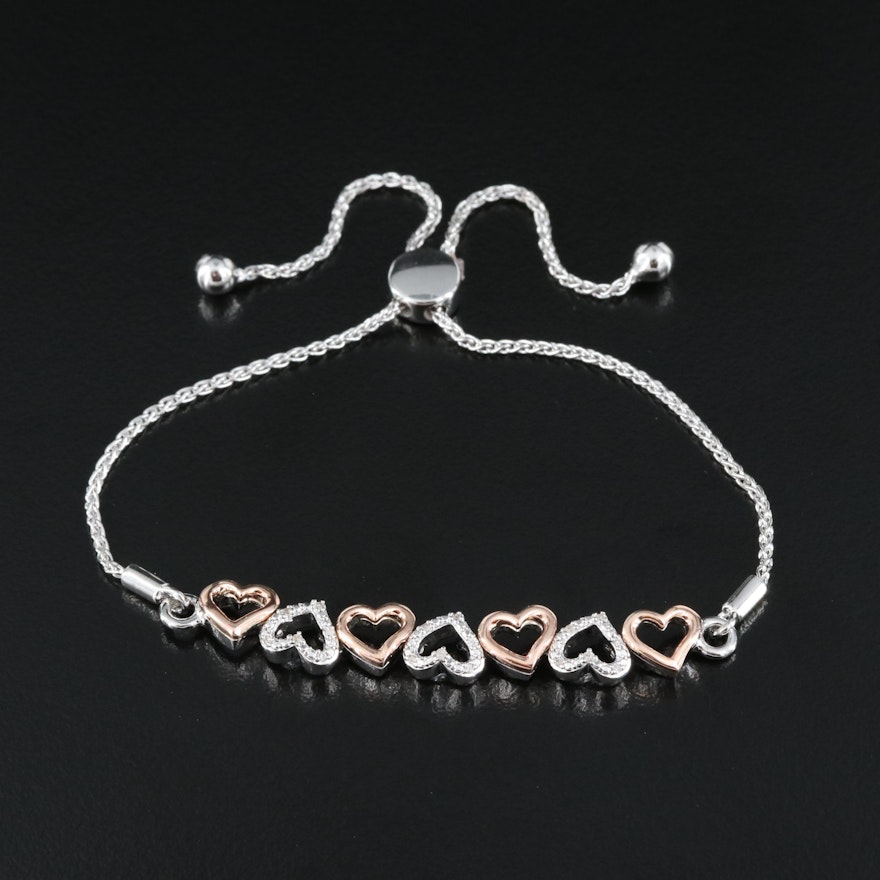 Sterling Diamond Heart Bolo Bracelet with 10K Rose Gold Accents