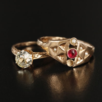 14K Ruby and Seed Pearl Ring with 10K Yellow Sapphire Ring