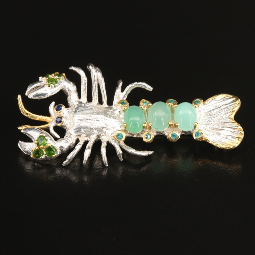 Sterling Crayfish Brooch Including Chalcedony, Diopside and Apatite