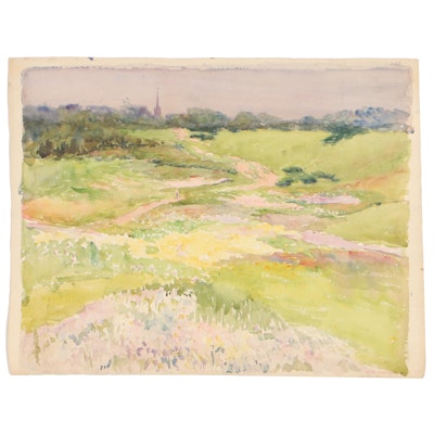 Emma Mendenhall Landscape Watercolor Painting of Field, Circa 1890