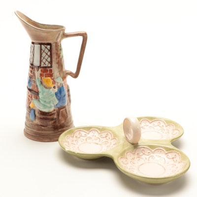 E. Radford Hand-Painted Tavern Scene Pitcher with Other Ceramic Tidbit tray