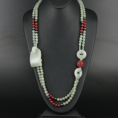 Asian Carved Carnelian, Serpentine and Aventurine Double Strand Necklace