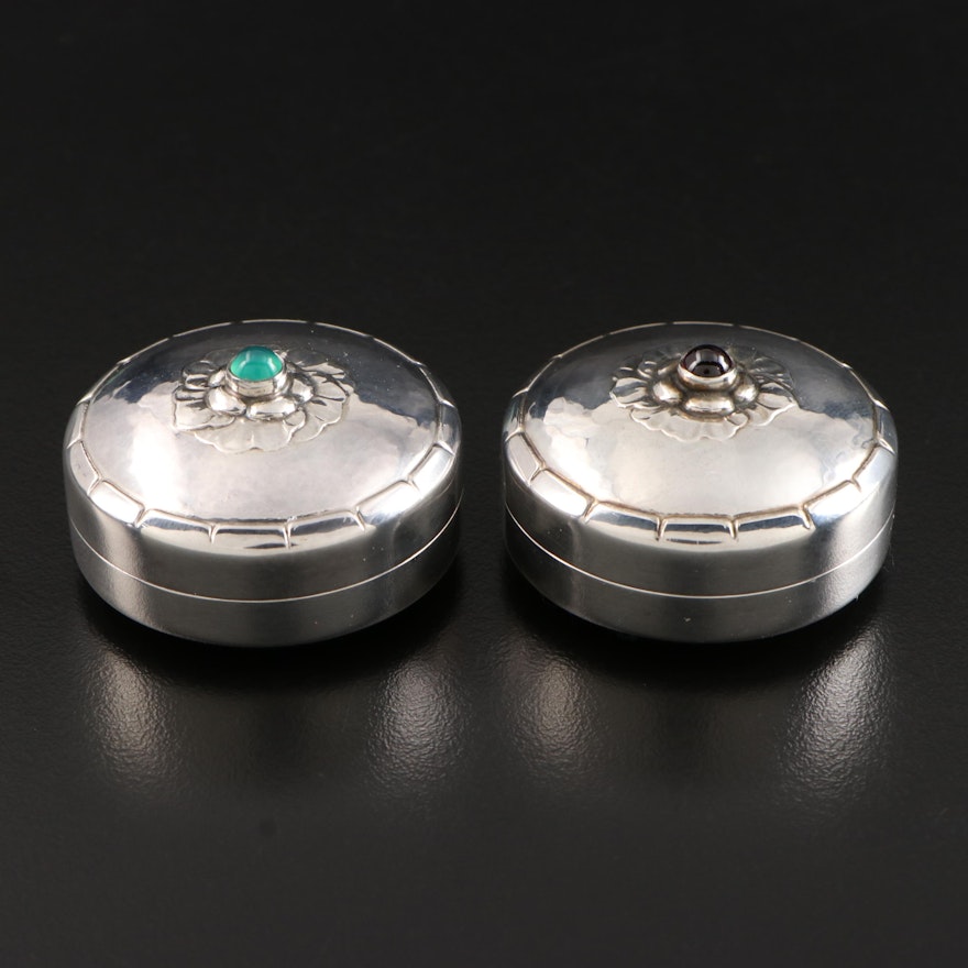 Georg Jensen Sterling Silver Pill Boxes with Garnet and Chalcedony Cabochons