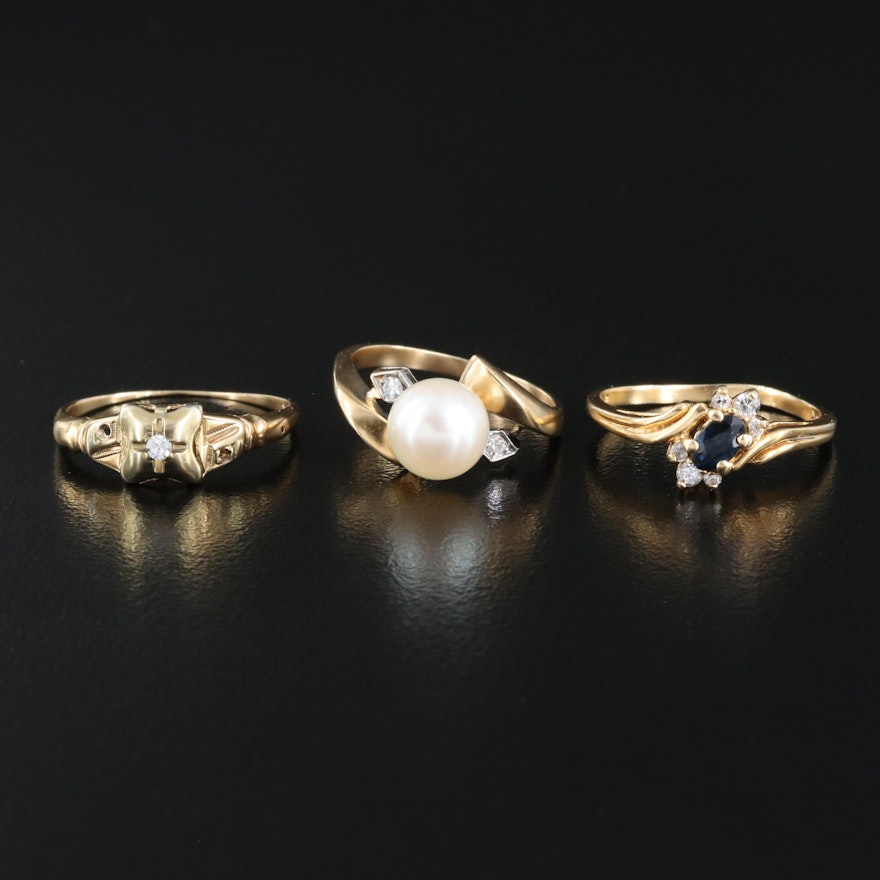 14K Pearl, Diamond and Sapphire Rings