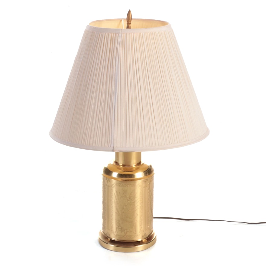 Etched Brass Chinese Tea Canister Table Lamp, Late 20th Century