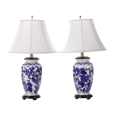 Pair of Blue and White Porcelain Vase Table Lamps, Contemporary
