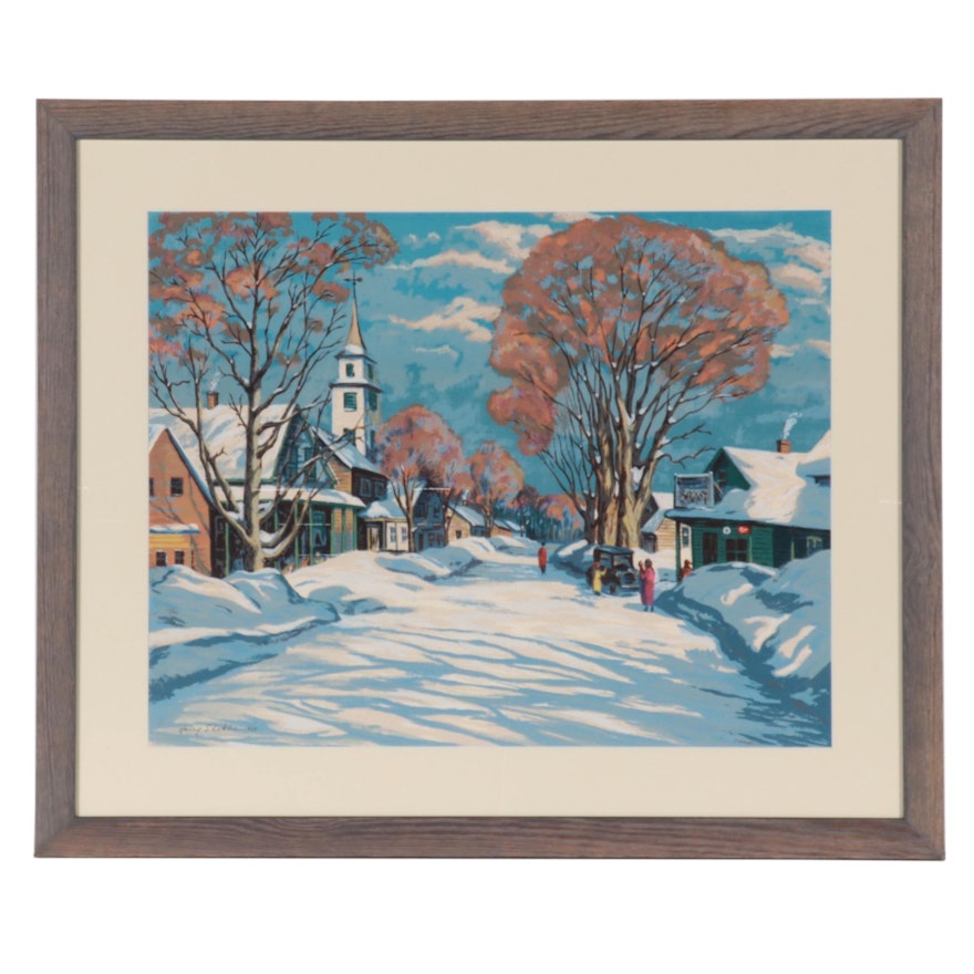 Serigraph Harry Shokler of Winter Village Scene, Mid to Late 20th Century