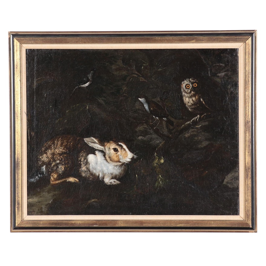 European School Oil Painting of Forest Interior with Rabbit and Owl, Circa 1880
