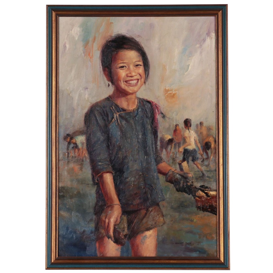 Portrait Oil Painting "Collecting Shellfish," 1967