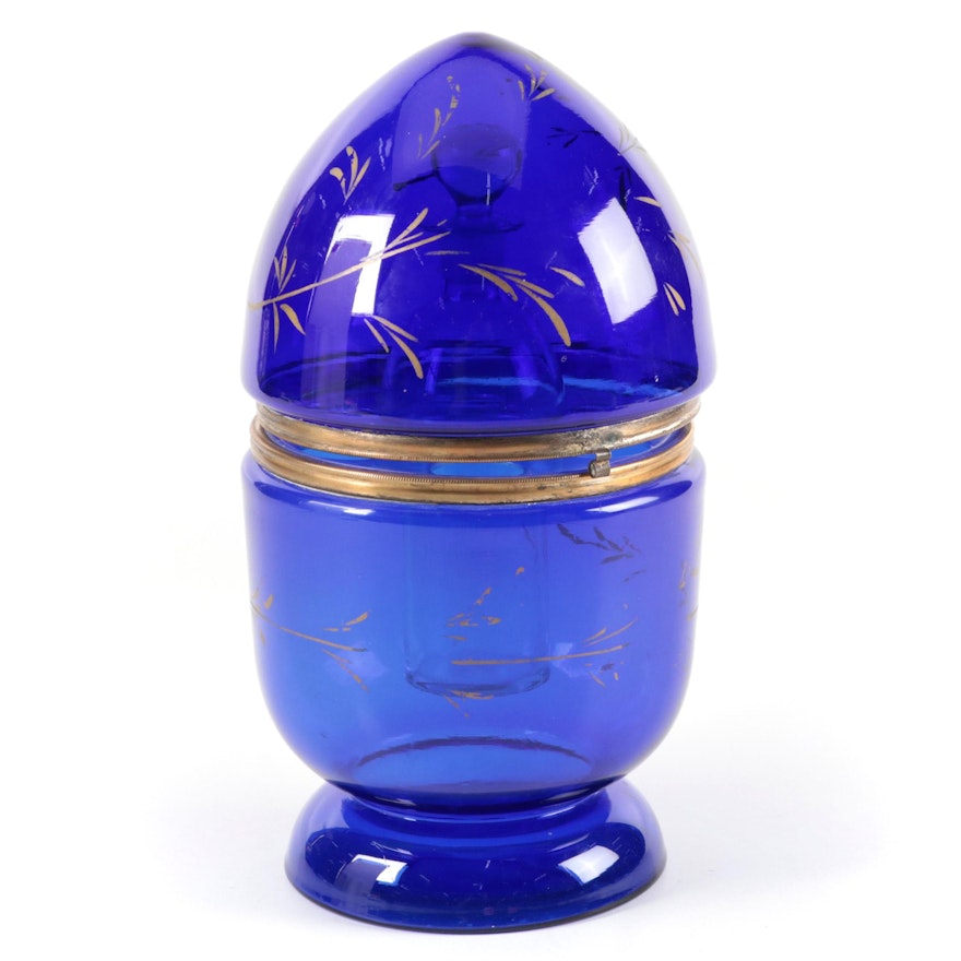 Czech Cobalt Glass Egg-Shaped Cordial and Decanter Set, Mid-20th C.