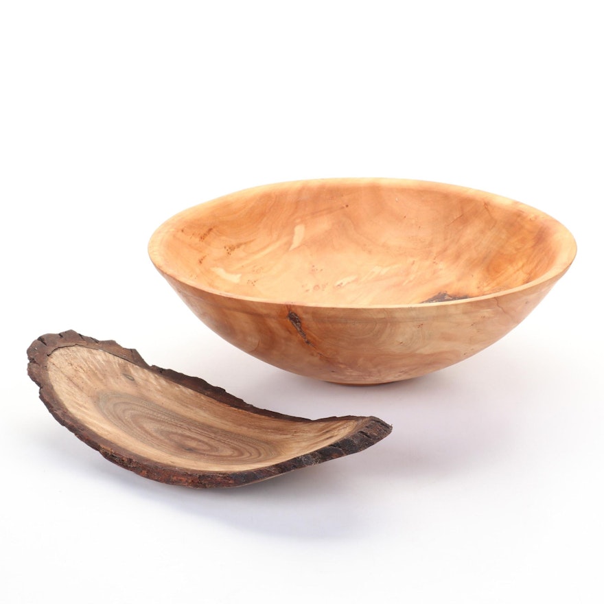 Jim Eliopulos Turned and Live Edge Willow Burl and Walnut Bowls