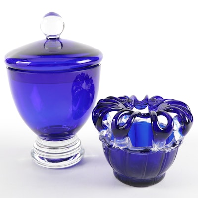 Cobalt Blue Art Glass Flower Vase and Lidded Candy Dish