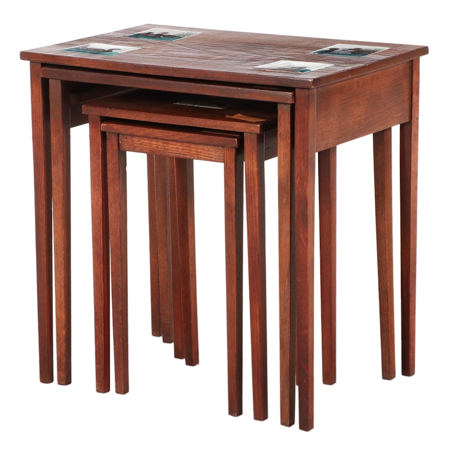 Federal Style Oak and Ceramic Tile-Mounted Quartetto Tables, Late 20th Century