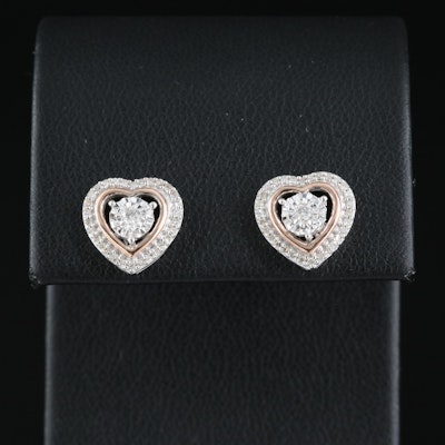 Sterling Diamond Heart Earrings with 10K Rose Gold Accents