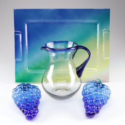 Kiln Formed Glass Tray with Mexican Blown Glass Pitcher and Glass Grapes