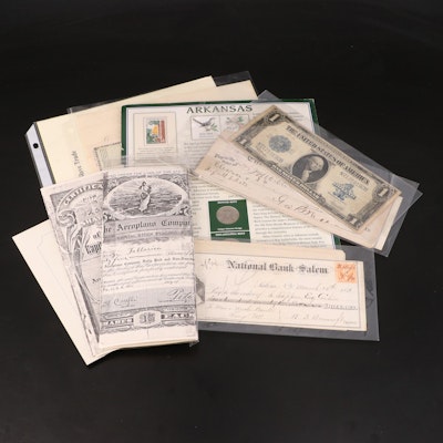 1923 $1 Silver Certificate, Old Checks, and Stock Certificates