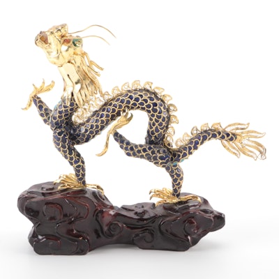 Chinese Cloisonné Dragon Figurine on Carved Lacquered Wood Base