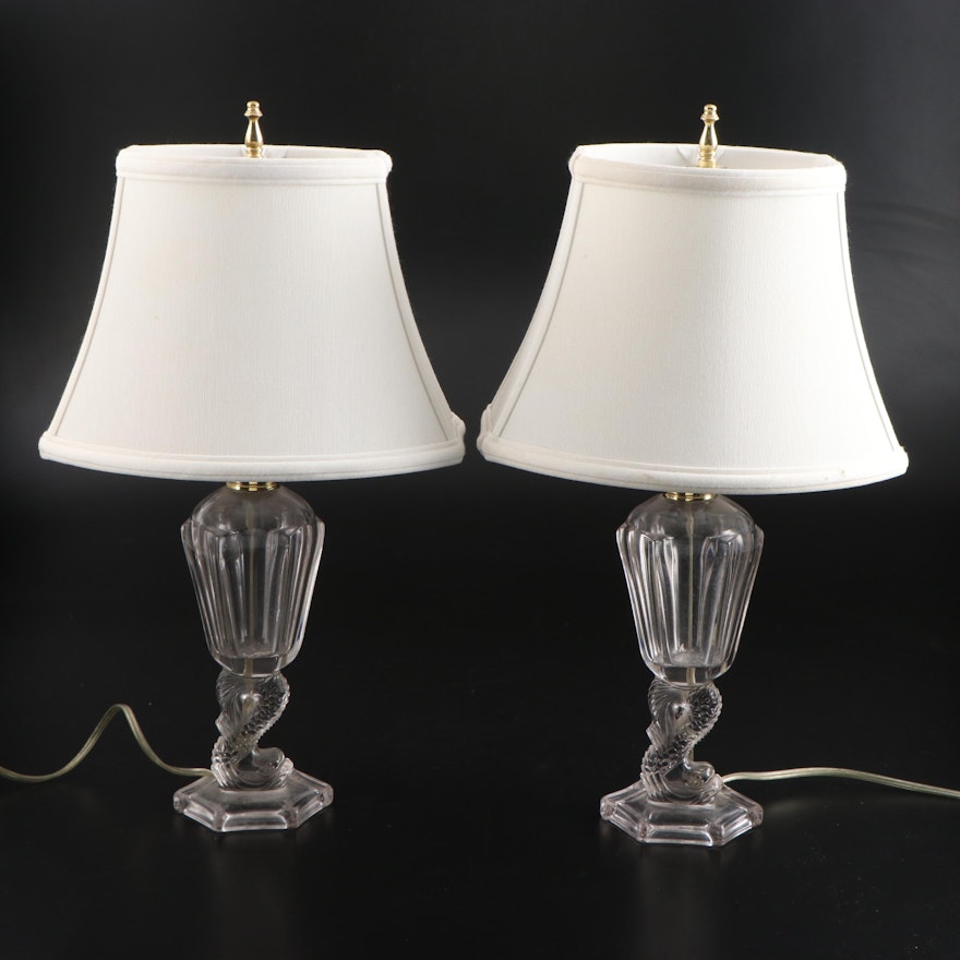 Pair of Clear Dolphin Pressed Glass Whale Oil Table Lamps, Adapted