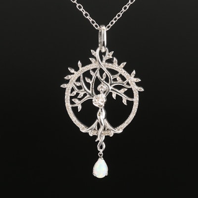 Sterling Opal and Diamond Mother and Child Tree of Life Pendant Necklace