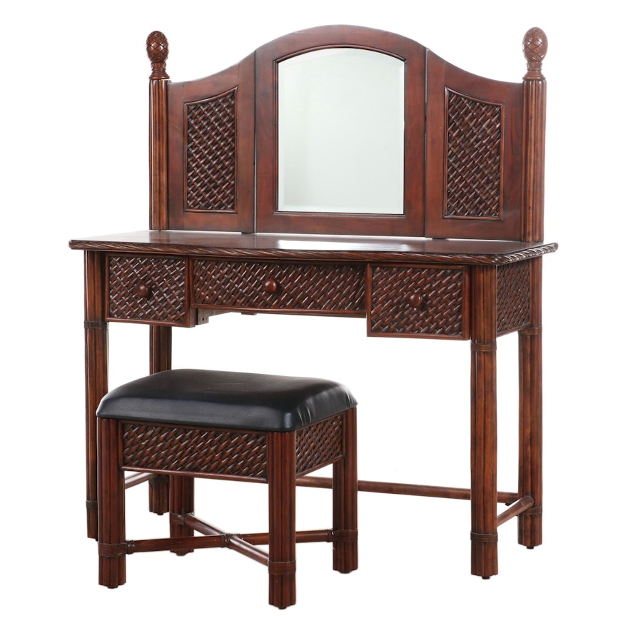 DMI Furniture Hardwood and Rattan Vanity Table and Stool