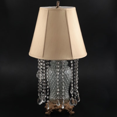 Mounted Pressed Glass Table Lamp with Assembled Bobeche, Crystal Drops