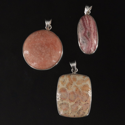 Sterling Pendant Selection with Fossilized Coral, Rhodochrosite and Aventurine