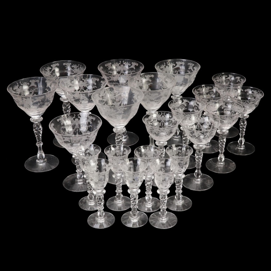 Floral Etched Glass Wine and Sherry Glasses, Mid-20th Century
