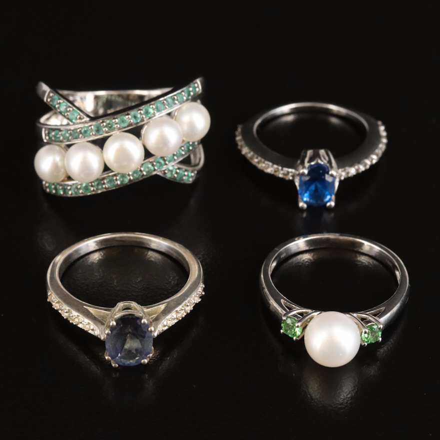 Sterling Rings Including Pearl, Topaz and Emerald