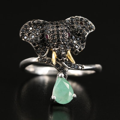 Sterling Emerald, Black Spinel and Ruby Elephant Ring