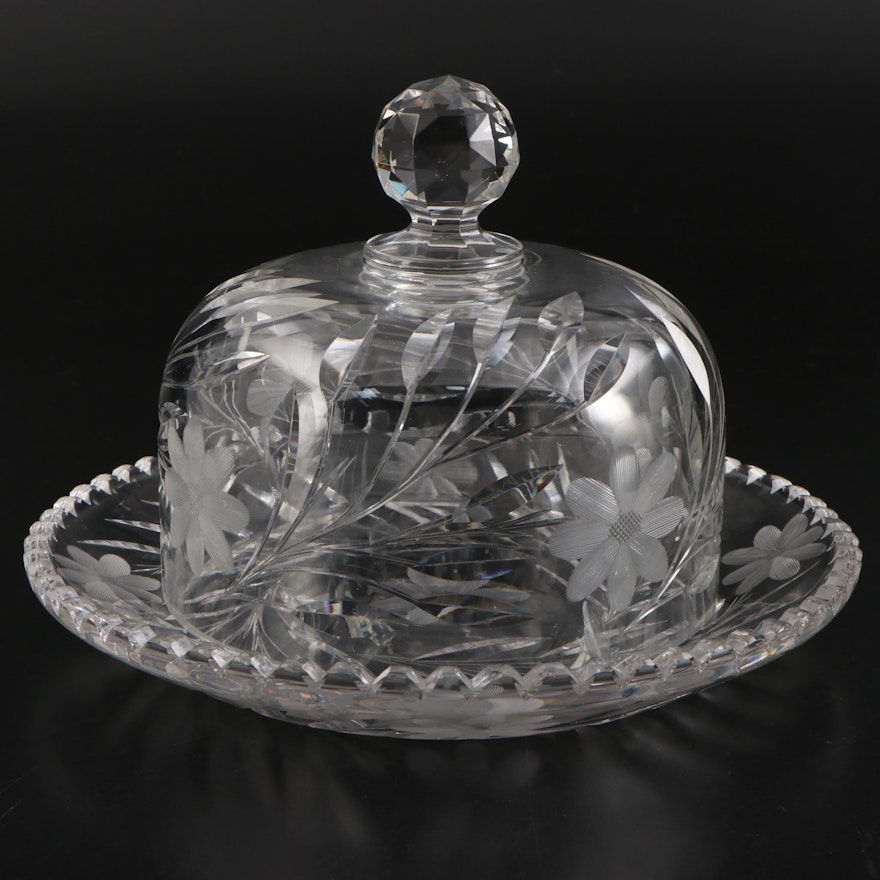 Floral and Foliate Motif Cut Crystal Covered Serving Dish, 20th Century