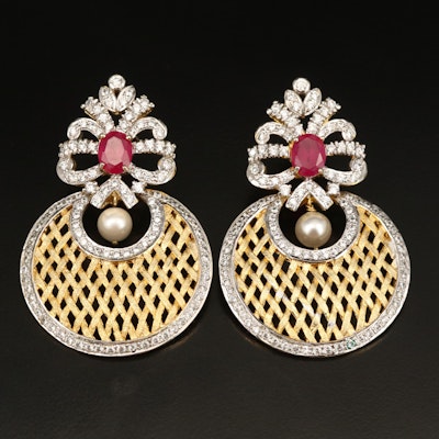 Ruby, Cubic Zirconia and Faux Pearl Earrings