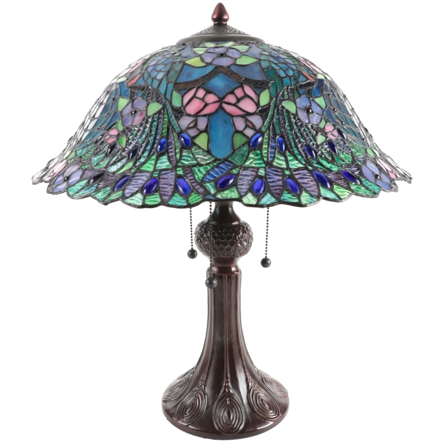 Art Nouveau Style Peacock and Floral Jeweled Slag Glass Table Lamp, 2002